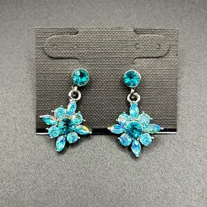 Blue rhinestone flower earrings with a silver-tone blue topaz turquoise